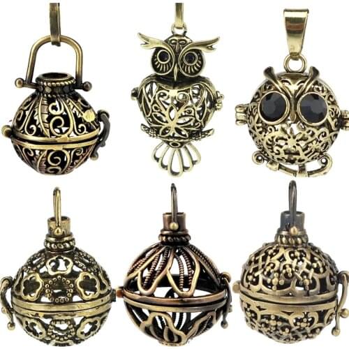 1pc Vintage Bronze Color Owl Cage Lava Rock Aroma Filigree Pendant Essential Oil Diffuser Boho Locket Pendant