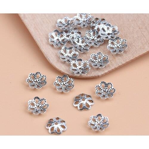 10pcsHandmade diy silver sequins accessories 925 pure silver Thai silver hollow flower receptacle beads, crystal bracelet flower