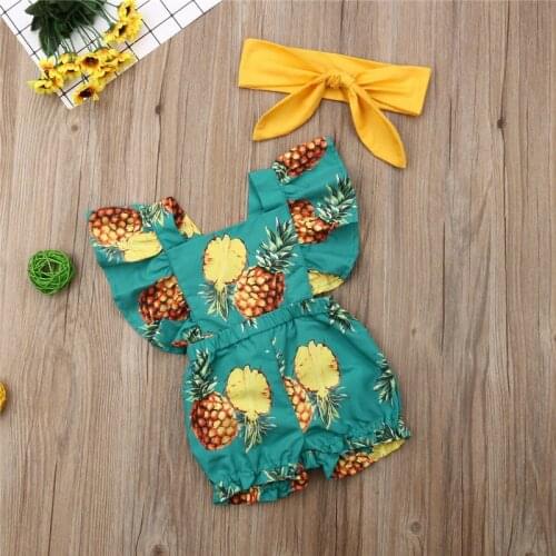 Toddler Baby Girls clothes solid bow Headband backless Ruffle pineapple print square collar sleeveless Bodysuit 3pc kids Outfit
