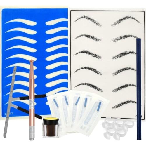 Eyebrow Permanent Makeup Kit Ruler Tattoo Pen Needle Practice Skin Ink Cup