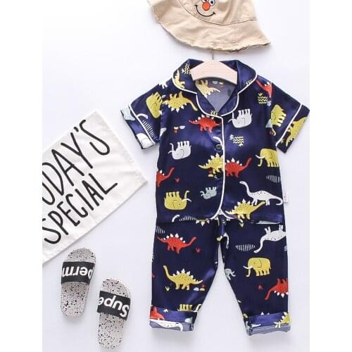 DIIMUU Summer Childrens Pajamas Set Kids Clothes Toddler Boy Ice Silk Satin Shirt + Pants Sets 1-4T Infants Boys Outfits Suit