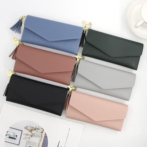 Long Korean Style Womens Wallet Solid Color Clutch Bag Tri-Fold Multi-Function Buckle Multi-Card Position Change Wallet