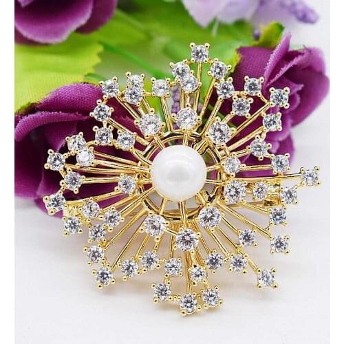 24K Plated Zircon CZ Crystal Flower Brooches Pins for Women Girl