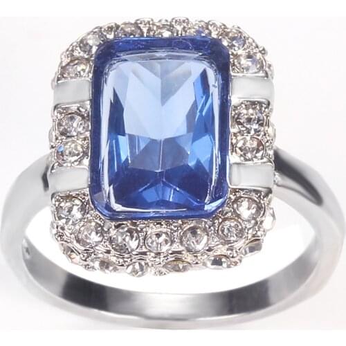Women Rings Banquet Couple Cubic Zirconia Ring Silver Plated Square Blue Stone Ring Birthday Gift for Girlfriend Fashion Jewelry