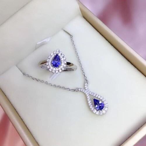 New Arrival Natural and Real Natural And Real Tanzanite Jewelry set 925 sterling silver Fine jewelry 1pc ring,1pc Pendant