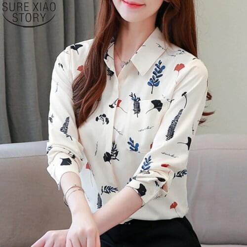 Fashion Chiffon Blouse Women Print Shirt Long Sleeve Ladies Tops 2021 Shirts V-Neck Button Korean Tops Plus Size Blusas 7056 50