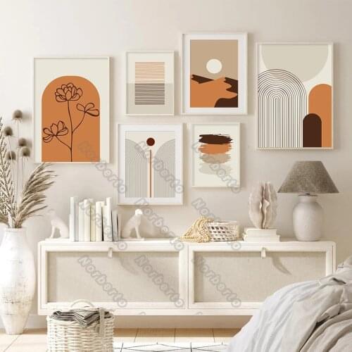 Nordic Style Canvas Painting Poster Abstract Mountain and Sun Arch Patterns with Black Lines Tree for Home Rooms Wall Decoration