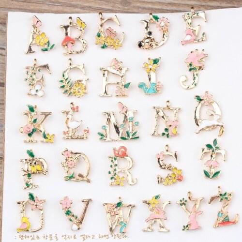 Newest Cartoon Animals/flowers/leave decoration 26 English letter of the alphabet Alloy drop oil gold-color metal pendant charm