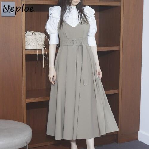 Neploe Solid Puff Sleeve Blouse Stand Collar Chic Ruffles Patchwork Women Shirts 2021 Spring New Sweet Slim Waist Blusas