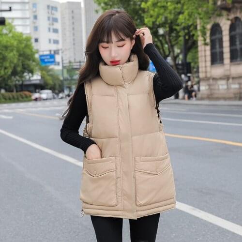ISENMAL Autumn Winter Women Solid Loose Vest Drawstring Stand Collar Long Vest Jacket Cotton Padded Women Windproof Warm