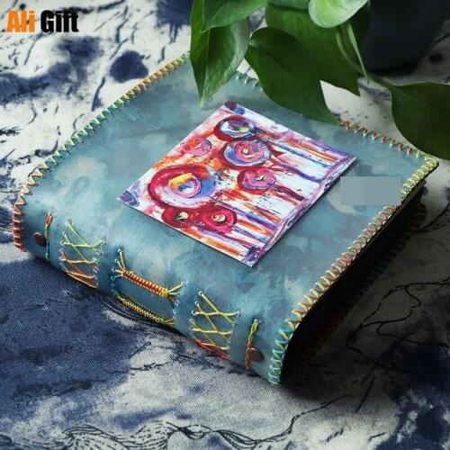 Handmade Creative Blue Hand-stitched Thread Loose-leaf Leather Album Cover Insert Pocket Inner Page Book 3 Inch 5 Inch Gift