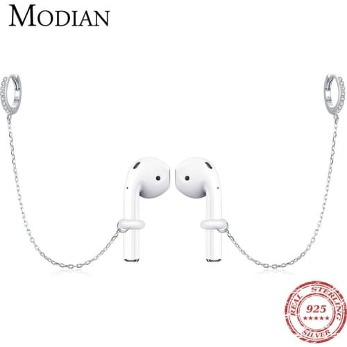 Modian Fixed Earphone Rubber Earring 925 Sterling Silver Clear CZ Long Link Prevent Loss Hoop Earrings For Women Grils Jewelry