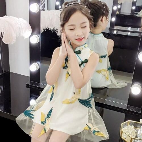 2021 New Summer Kids Clothing Chinese Style Hanfu Qipao Girls Retro Dress Middle School Children Fashion Mesh Vestido