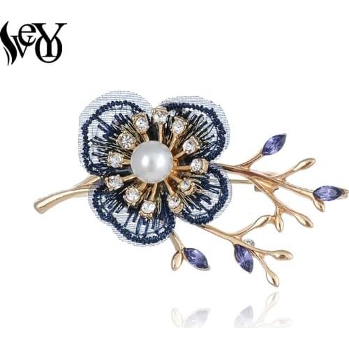 VEYO Bule Flower Gold Color Crystal Pearl Brooches Elegant pins for Women Fashion Jewelry Gift