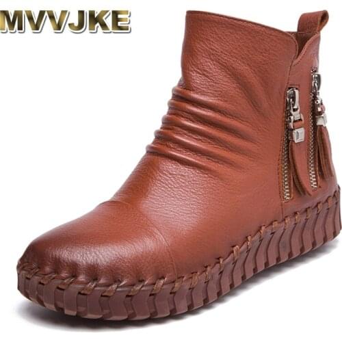 MVVJKE Genuine Leather Short Boots Plus Velet Winter Womens Shoes Handmade Sewing Soft Outsole Lazy Shoes Maternity Shoes Flat