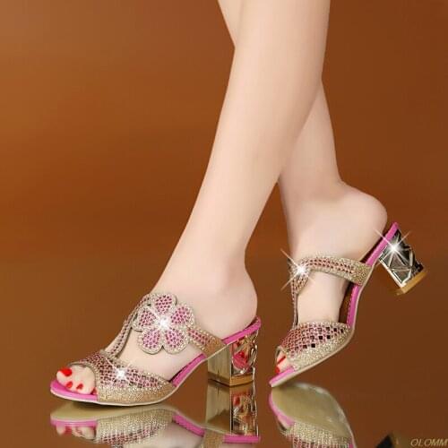 Hot Women Fashion High Heels Slipper Sexy Peep Toe Hollow Out Crystals Party Shoes Woman Summer Slip on Beach Flip Flops