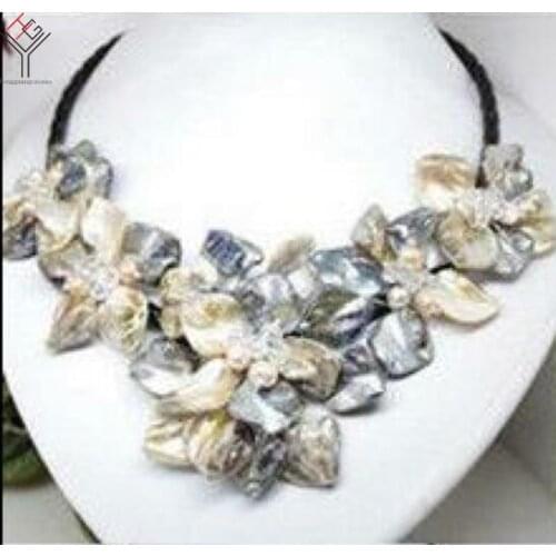 Women Classic Jewelry natural pearl Crystal 5 flower pendant champagne gray shell mother of pearl necklace black leather 18"