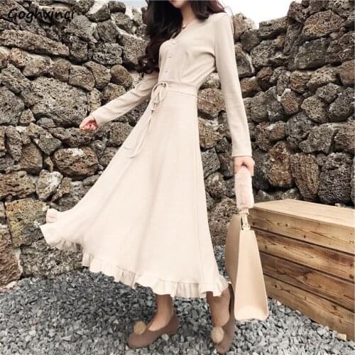Women Long Sleeve Dresses Solid Ruffles Slim V-neck High Waist French Fashion Elegant Temperamental Retro Party Date Buttons New