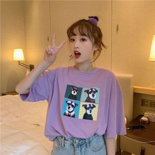 Cartoon Dog Print Women Tops Cute Lovely Style Short Sleeve Round Neck Women T-shirt Cotton Spandex Women Tshirt
