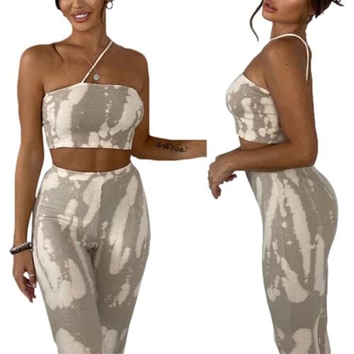 Print vest high waist buttock Leggings casual suit Irregular Print Shoulder Crop Tops+High Waist Tight Pants for Girls Khaki