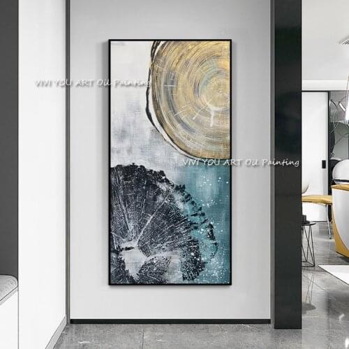 100% Handmade Artwork Abstract Blue Gold Foil Oil Painting High Quality Grey Abstract Hand-painted Painting Home Decoration Gift