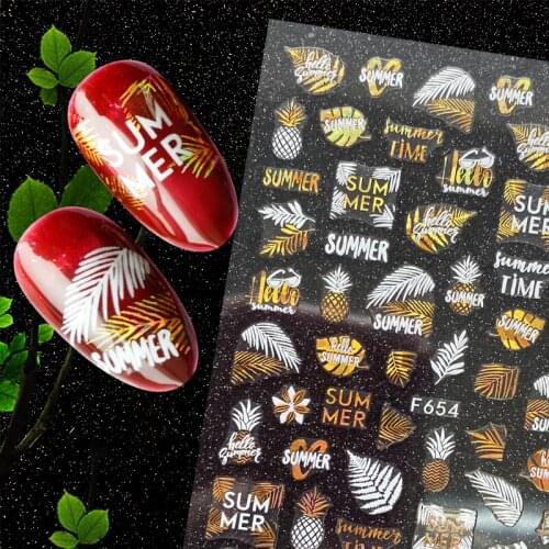 1PC Glitter Laser Leaves 3D Nail Stickers Character Face Image Leaves Flower Decals Slider Gold White DIY Nail Art Decorarion