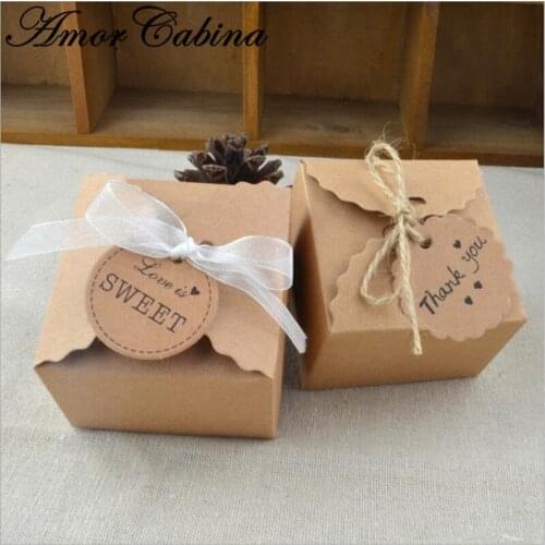 50pcs retro mini kraft paper box wedding gift welfare box party candy box packaging baby shower party with ribbons and tags