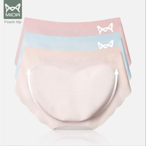 MiiOW Seamless Underwear Womens Ice Silk Cotton Crotch Antibacterial Waist Thin Peach In Summer Without Hips and Silky Briefs