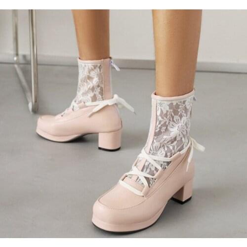 Plus Size 30-48 Sweet Ankle Leather Boots for Women 2021 Lace Stitched Goth Boots High Heels Platform Cosplay Party Shoes 8831