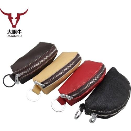 First Class Genuine Leather Key Covers Red Yellow Vintage Zipper Key Case Unisex Key Holder Housekeeper Key Organizer