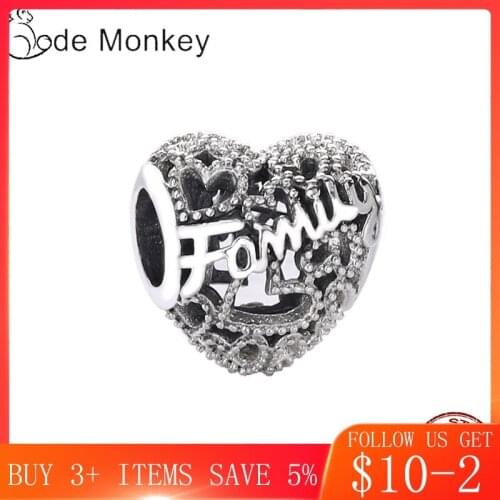 CodeMonkey Authentic 925 Sterling Silver Family Love Heart Beads Fit Original 3mm Charms Bracelet DIY Jewelry Making CMS1518