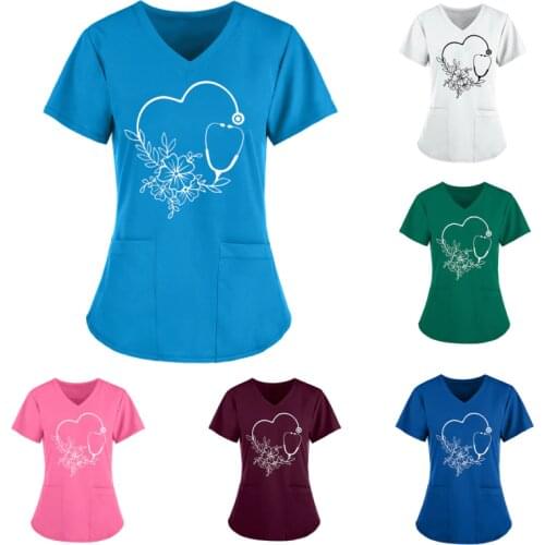 Nurse Uniform Women Short Sleeve V-neck Tops Working Uniform Floral Love Print Pocket Blouse Overalls Nurse Uniforme Clinico