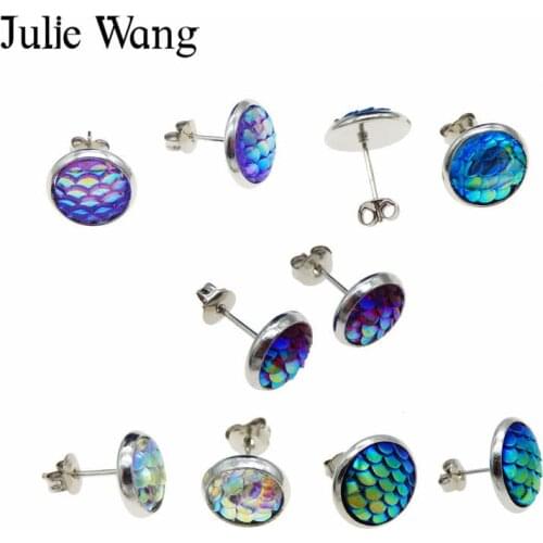 Julie Wang 5 Pairs Resin Mermaid Scales Cabochon Multi-colored Stud Earrings Women Girl Party Earrings Stainless Steel Base