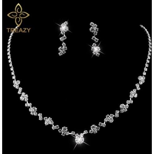TREAZY New Silver Plated Rhinestone Crystal Choker Necklace Earrings Set Wedding Bridal Bridesmaid African Jewelry Sets