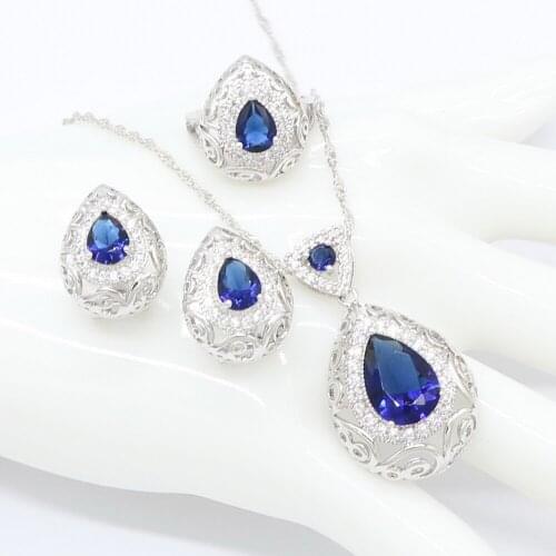 Blue Zircon Sterling Silver Trendy Pendant Necklace Earring and Ring Jewelry Sets for Ladies Fashion Gift