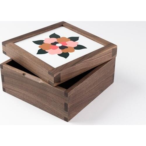 Black Walnut Storage Box for Jewelry/Sundries Vintage Ceramic Tile Cover Wooden Box Traditional Dovetail Tenon Structure