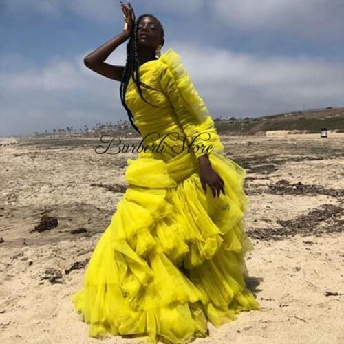 Fashion One Shoulder Ruffles Tulle Prom Gowns Puffy Tiered Long Women Formal Party Dresses Plus Size Pretty Draped Mesh Dress