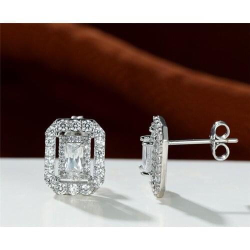 Trendy Female Crystal Square Stud Earrings Charm Silver Color Wedding Earrings Simple White Zircon Wedding Earrings For Women