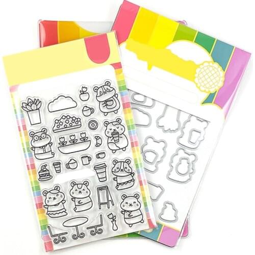 2021 New Coffee Shop Hamster Clear Stamps and Metal Cutting Dies For Craft Making English Word Paper Greeting Card Scrapbooking