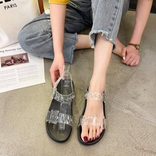 Candy Color Transparent Sandals Female Ins Tide 2021 Summer New Wild Thick-soled Word Buckle Belt Net Red Girls Beach Sandals