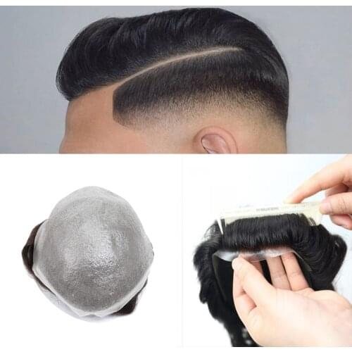 Gray Toupee For Men Human Hair With Super Thin Skin All Base 8x10 inch Mens Hair Pieces Hair Replacement Natural Black