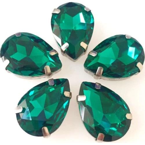 Free shipping!Malachite green Teardrop shaped Superior quality glass loose rhinestones, Silver claw sew on stone
