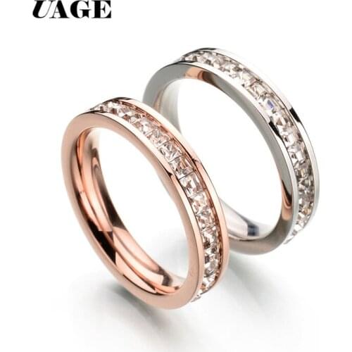 UAGE Silver Color Titanium Stainless Steel Crystal Wedding Rings for women CZ Surround Men Ring Fashion Jewelry Wholesale