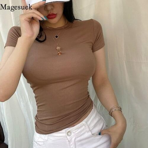 New Korean Style Short Sleeve Womens T-shirts Summer Cotton T-Shirt Women Fashion O Neck Elastic Slim Base Tee Solid Tops 13961