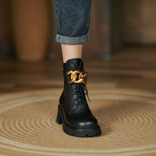 2021 Autumn/Winter Women Shoes Round Toe Chunky Boots Genuine Leather Boots Women Platform Shoes Chain Boots Thick Heel Boots