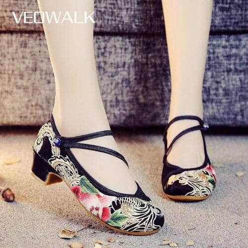 Veowalk High End Full Embroidery Women Med Block Heels Elegant Ladies Instep Strap Canvas Embroidered Pumps Vintage Women Shoes