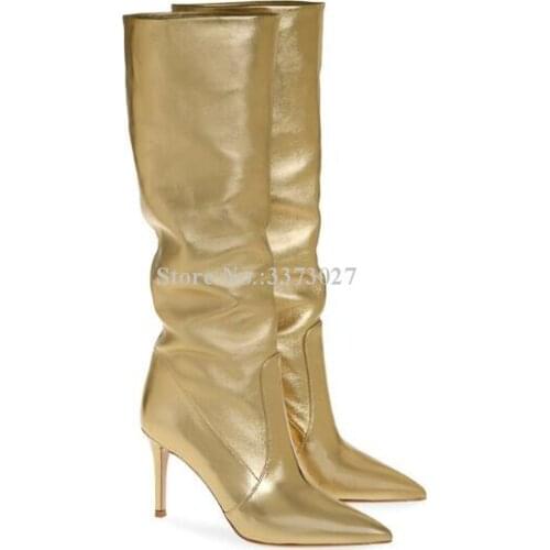 Gold Color Leather Knee High Boots Women Fashion Stiletto Heel Pointed Toe Long Boots Lady Large Size Banquet Shoes Dropship