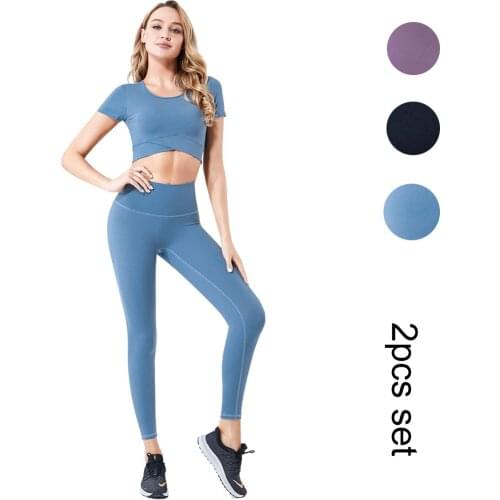 Women Yoga Set Short Sleeve Top and Leggings 2 Piece Suit Workout Sportwear