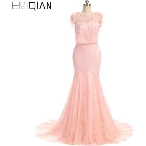 New Fashion Cap Sleeve Pink Lace Long Mermaid Evening Dress Formal