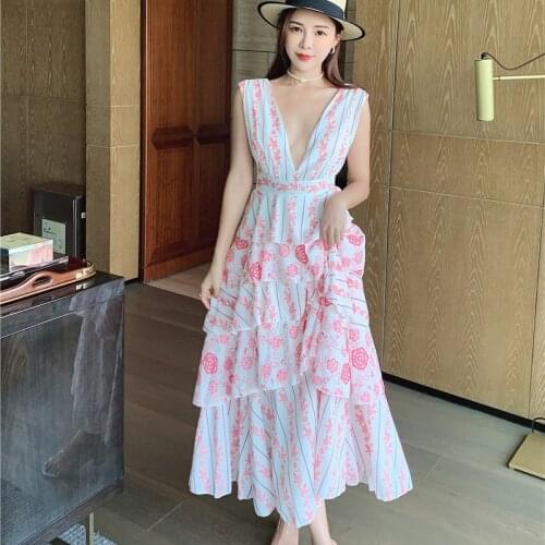 Pink Floral Print Summer Party Dress Women Deep V-Neck Sleeveless French Cake High Waist Loose Long Midi Dress Elegant C407